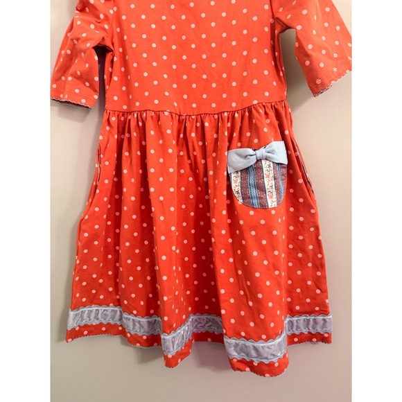 Matilda Jane Girls Polka Dot Dress Orange Pink Ruffle Pockets Size 5/6 - Picture 2 of 5